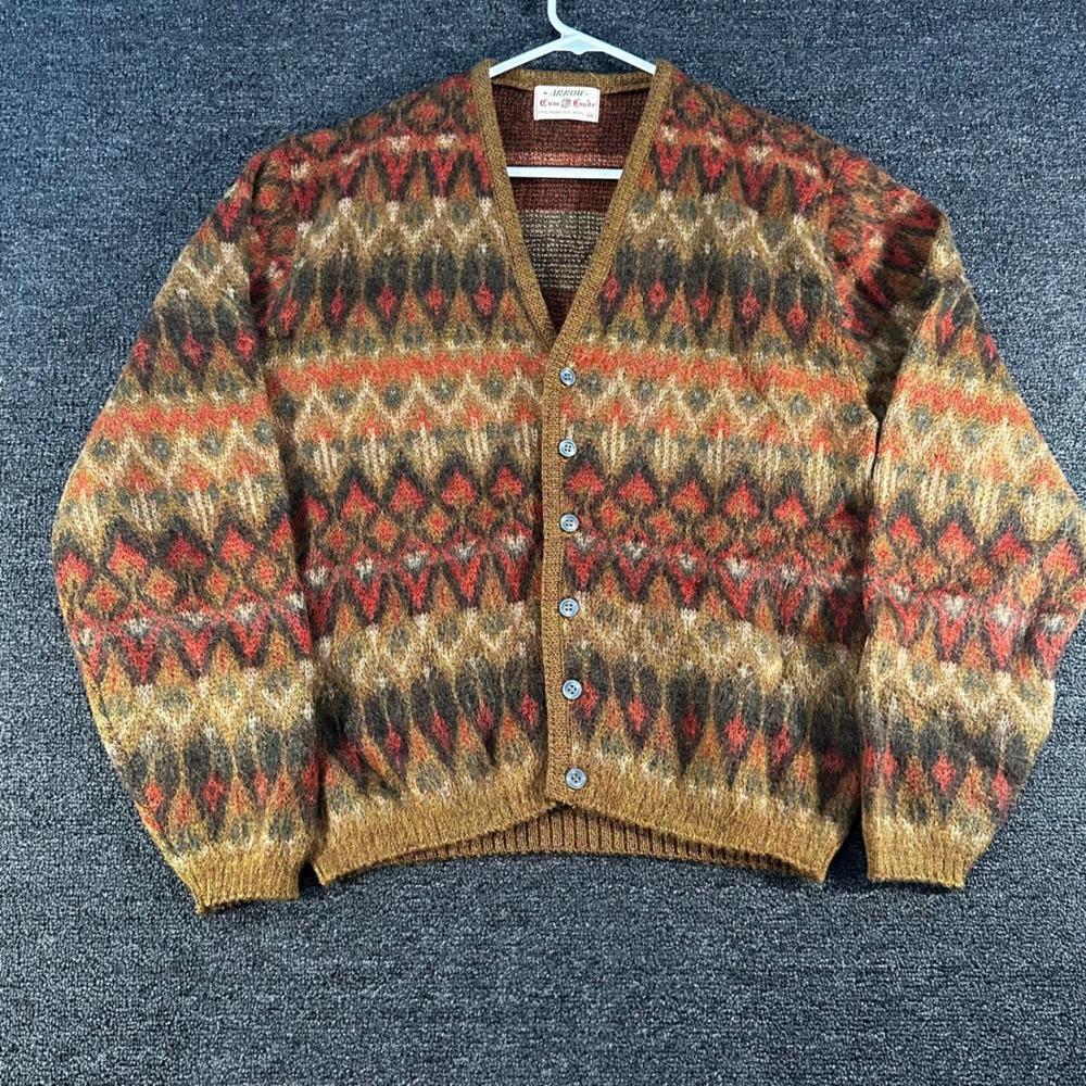 Arrow Cardigan Mens M Brown Wool Vintage Fair Isle Cum Laude Good Fuzzy V-Neck
